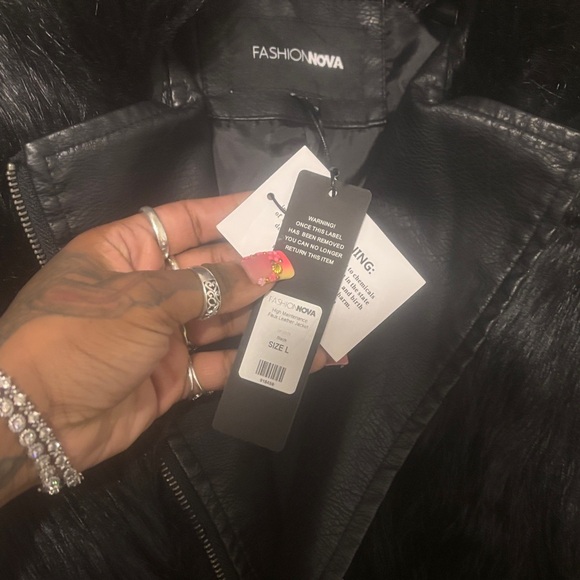 NWT Black Leather Jacket with Faux Fur Trim - Picture 2 of 3